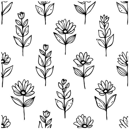 A graceful hand drawn seamless floral pattern showcases the serene beauty of nature. This botanical drawing evokes a sense of organic artistry with its delicate, stylized blooms and flowing linesのイラスト素材