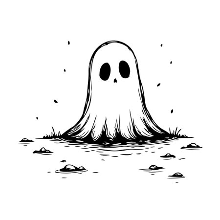 A simplistic and minimal monochrome illustration of a ghost hovering above a landscape of scattered pebbles and grass, creating a spooky atmosphere. This surreal drawing captures a whimsical yetのイラスト素材
