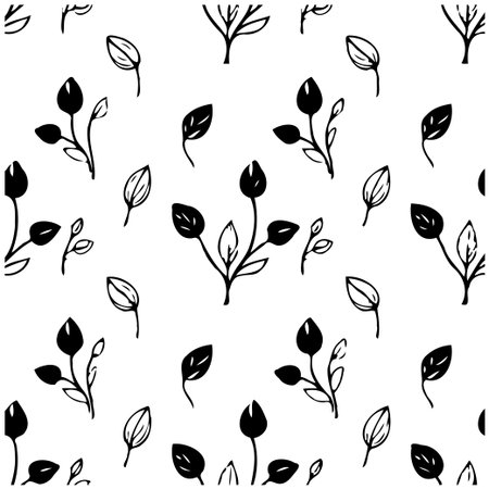 This seamless pattern features minimalist black and white botanical illustrations. Delicate sprigs and leaf details create a simple yet elegant floral theme, ideal for backgrounds, textiles, orのイラスト素材