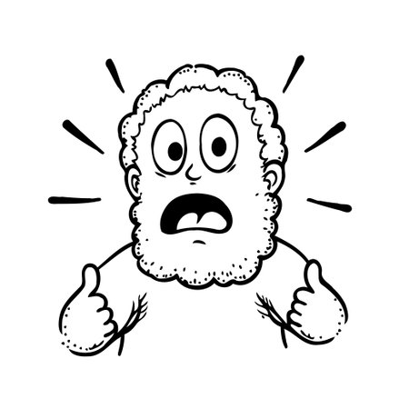 A hand-drawn cartoon character with a large beard appears shocked and worried, yet gives a thumbs-up, creating a comical paradox. The simple black and white illustration captures a blend ofのイラスト素材