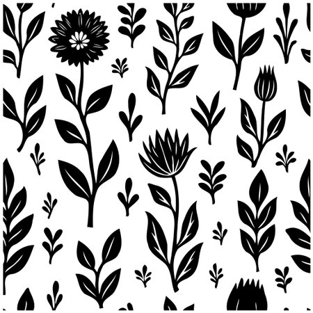 This vector pattern showcases elegant floral elements with simplistic blooms and foliage. The monochrome design lends a timeless and sophisticated touch, making it ideal for backgrounds, textiles,のイラスト素材