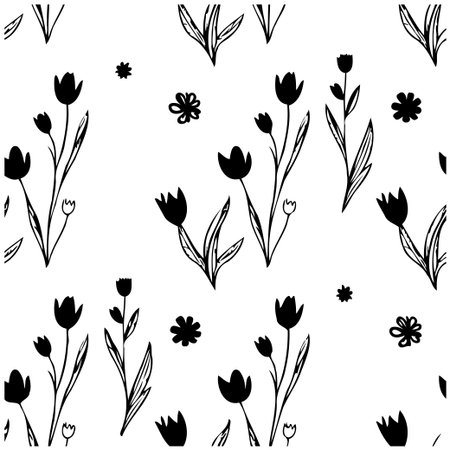 This hand-drawn floral pattern features stylized tulip blooms and botanical elements, creating an elegant and minimalist aesthetic. The monochrome design is ideal for textile prints, wallpapers, andのイラスト素材