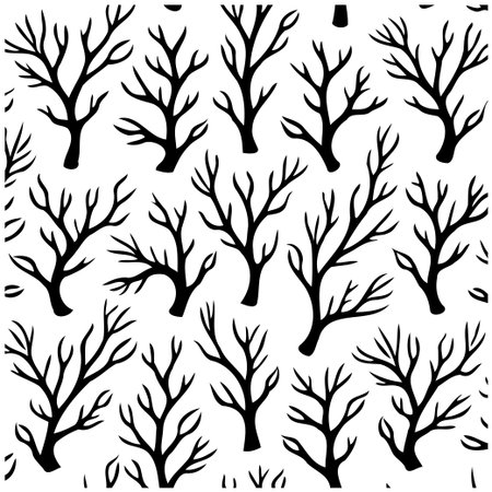 An intricate repeating pattern features stark, leafless tree branches silhouetted against a bright background, creating a minimalist and elegant effect. The design evokes a sense of winter orのイラスト素材