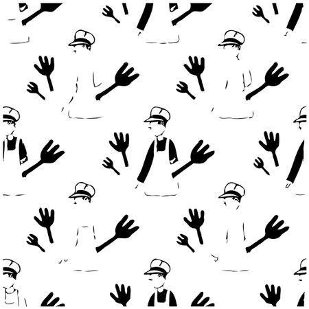 Monochrome seamless culinary pattern features various chefs wearing caps and aprons holding cooking tools. The design evokes a handmade quality through a simple sketch and doodle style. It's perfectのイラスト素材