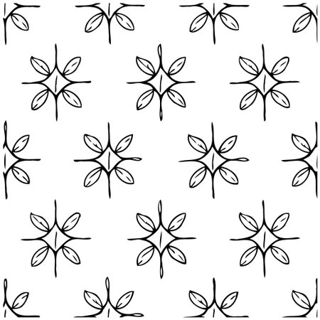 A seamlessly repeating pattern showcasing hand-drawn botanical elements, perfect for textiles, wallpaper, or any surface design. The monochrome palette lends an elegant and timeless appeal. Itのイラスト素材