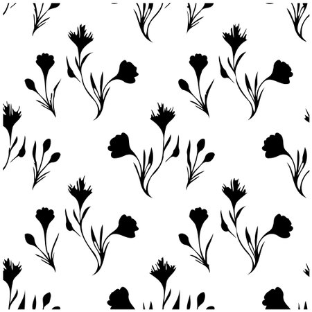 This monochrome floral pattern features elegant silhouettes of blooming flowers against a white backdrop. The seamless design creates a decorative surface with a touch of nature, suitable forのイラスト素材