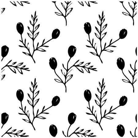 This pattern features an elegant design of leaves and berries, offering a sophisticated background for various creative projects. The monochromatic color scheme and botanical elements evoke a senseのイラスト素材