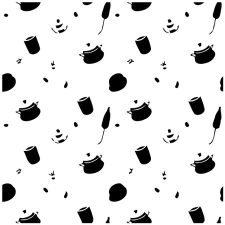 Elegant vector seamless pattern showcasing culinary utensils. This monochrome design with kitchenware is ideal for backgrounds, fabric, wallpaper, or packaging, conveying cooking and diningのイラスト素材