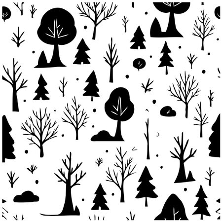 A charming and versatile seamless pattern featuring stylized black trees against a white backdrop....