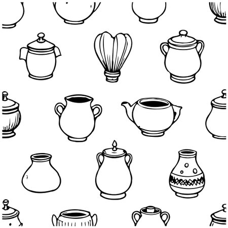 Artistically rendered, this seamless pattern presents a captivating compilation of ceramic containers, highlighting antique vessels and meticulously crafted pottery sketches. Ideal for adding aのイラスト素材