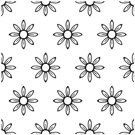 This image features a symmetrical daisy floral pattern. The elegant, seamless design is perfect for backgrounds, textiles, and wrapping paper. Its minimalist and artistic style makes it a versatileのイラスト素材
