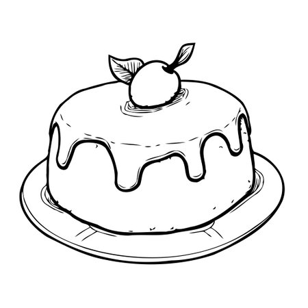 This black and white dessert illustration showcases a tempting cake with a creamy glaze and a...