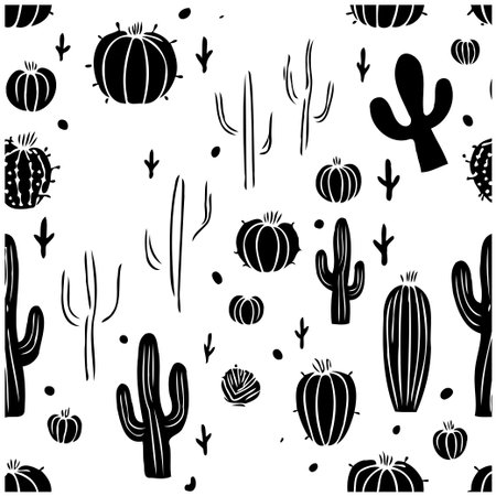 This seamless pattern showcases a stylized botanical arrangement with varied silhouettes of desert flora, particularly cacti. The monochrome design creates a clean, modern aesthetic that is perfectのイラスト素材