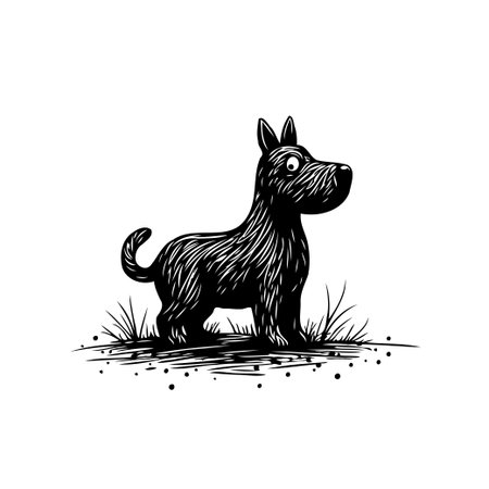 A captivating monochrome illustration featuring a stylized dog character with expressive eyes, standing on grass. This playful artwork captures a whimsical essence through its freehand design andのイラスト素材