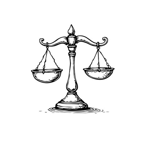 A hand-drawn illustration showcases the balance scales of justice, symbolizing fairness, equity, and the impartial administration of law. It represents legal judgments, courtroom proceedings, andのイラスト素材