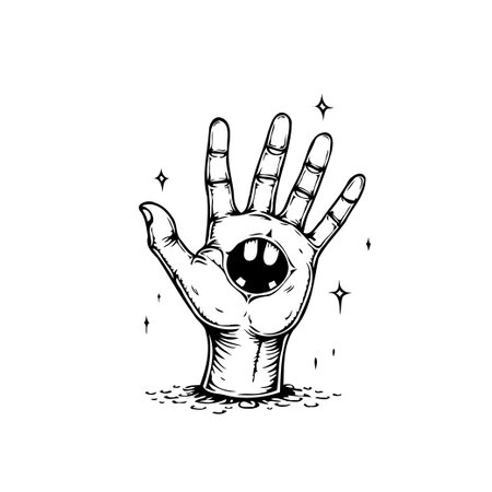 An intriguing hand illustration displays a surreal and symbolic design. The focal point lies at the center of the palm, suggesting themes of vision, guidance, and mystical energy. The intricateのイラスト素材