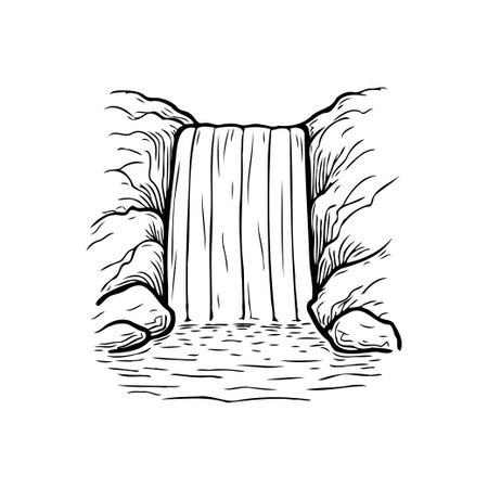 A detailed monochrome illustration depicts a captivating waterfall gracefully descending between rocky cliffs. The image highlights the natural beauty of the cascading water and creates a sense ofのイラスト素材