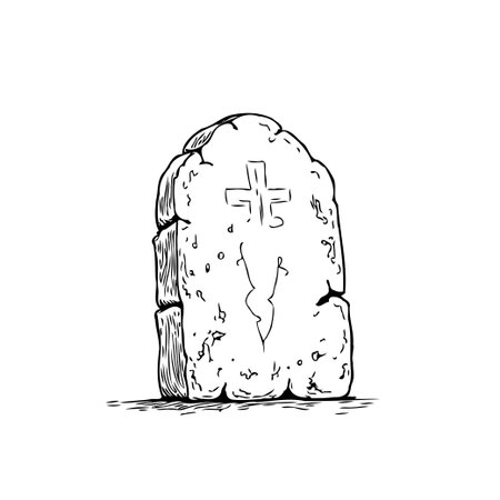 A detailed sketch illustrates a weathered tombstone, complete with a crudely carved cross and an etched line marking. The drawing style emphasizes texture and shadow, creating a contemplative moodのイラスト素材