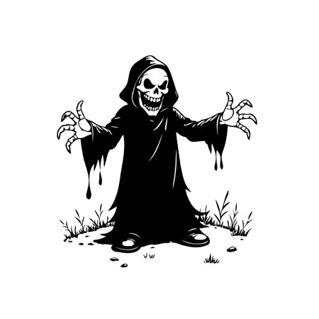 A stylized black and white illustration depicts a cartoonish grim reaper, complete with bony hands outstretched and a wide, menacing grin. The figure is cloaked in shadow and stands amidst tufts ofのイラスト素材