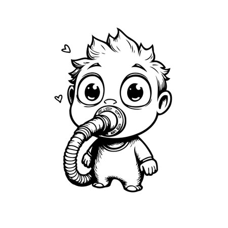 A charming line art illustration featuring a cute baby character with an unusual breathing apparatus. The style is whimsical and playful, with clean lines and a simple aesthetic. This image evokes aのイラスト素材