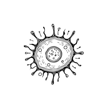 This illustration presents a stylized depiction of a microscopic pathogen. The monochrome sketch...