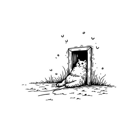 An endearing illustration showcases a fluffy cat relaxing in a doorway amidst a backdrop of simple grass and nature's touch. This monochrome art captures a moment of feline tranquility andのイラスト素材