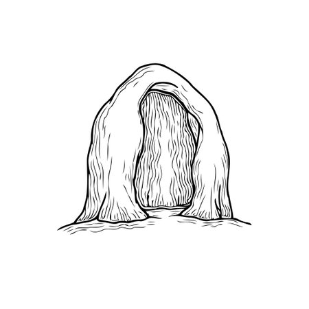 A simple monochrome illustration depicts a stone archway with intricate line work. The vintage art design evokes a sense of mystery and natural wonder suggesting a gateway to adventure and aのイラスト素材