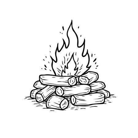 An expressive monochrome illustration of a crackling campfire with logs ablaze, evoking feelings of warmth and comfort. The simple, rustic sketch style makes it perfect for themes of outdoorのイラスト素材