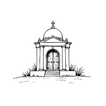 A detailed sketch showcases a solitary mausoleum within a cemetery environment. The illustration highlights the architectural details, its entrance, and subtle landscaping. This representsのイラスト素材