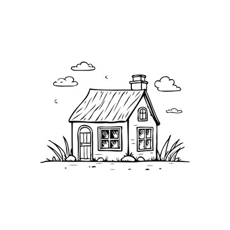 An adorable hand drawn illustration depicts a cozy, single family home with whimsical clouds floating in the background. The simple yet detailed artwork captures the essence of a peaceful, idyllicのイラスト素材