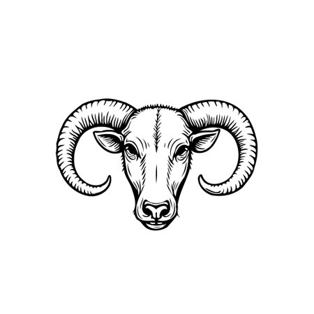 An artistic monochrome depiction of a ram's head features detailed line work that accentuates the majestic curve of its horns and the strength of its facial structure. With a style reminiscent ofのイラスト素材