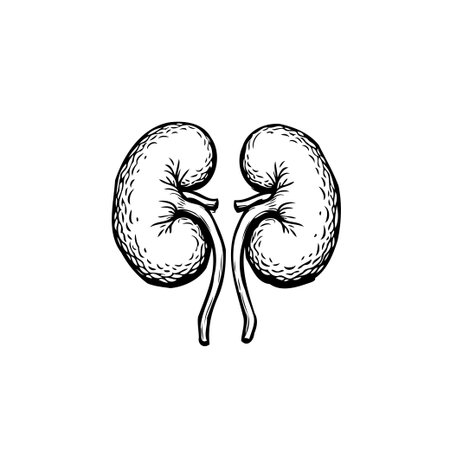 Anatomical illustration showcasing a healthy kidney pair, rendered in a detailed sketch style. Evokes medical science, representing concepts of human physiology, renal system, and internal organのイラスト素材