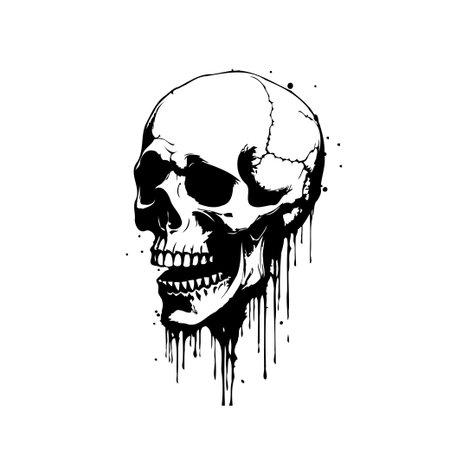 A stark monochrome illustration of a skull, dramatically enhanced with dripping paint. The stark contrast and detailed linework create a compelling image conveying themes of mortality, decay, andのイラスト素材