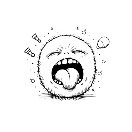 A highly expressive monochrome illustration features a spherical cartoon character with exaggerated features, showcasing intense emotion through a wide-open mouth, extended tongue, and closed eyes,のイラスト素材