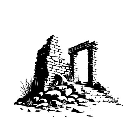 An artistic monochrome rendition of ancient stone ruins, showcasing the weathered textures and decaying architecture. The evocative illustration captures the forgotten grandeur and historicalのイラスト素材