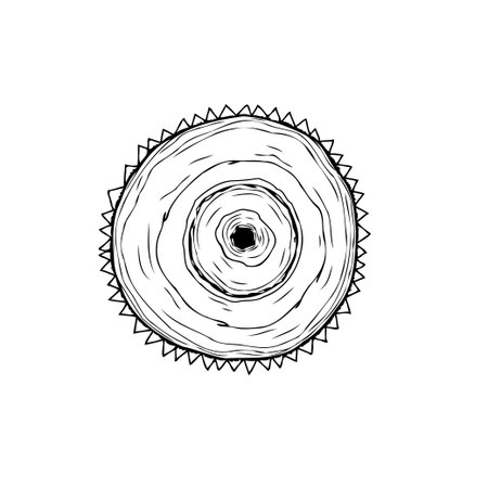 A simplistic and elegant design featuring a circular shape with a prominent central void. The composition is further defined by a textured ring and a decorative, triangular fringe adding depth andのイラスト素材