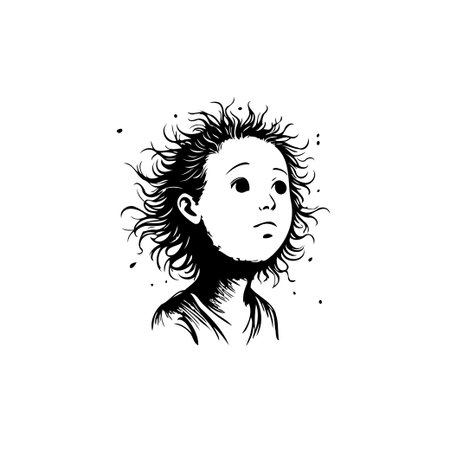 A captivating monochrome illustration showcasing an individual with emotive features. The artwork is rendered in a clean, minimalist style with an emphasis on clear lines and thoughtful expression,のイラスト素材