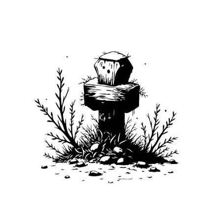 A monochrome illustration depicts a weathered marker, evoking a sense of tranquility. The composition blends natural elements with an aged stone, creating a scene that inspires imagination andのイラスト素材