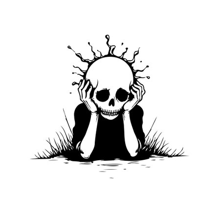 An evocative monochrome image portrays a skeletal figure in an attitude of stress and introspection. The illustration explores themes of anxiety, existentialism, and the weight of mortality,のイラスト素材