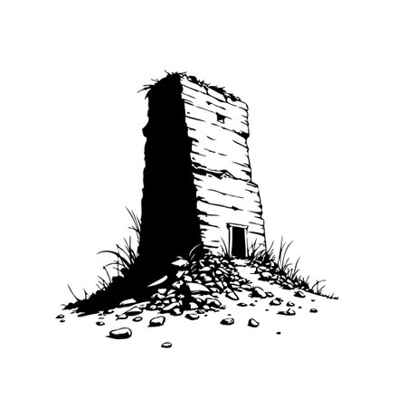 A detailed monochrome illustration presents an old, isolated tower ruin. Depicting a scene of architectural decline with crumbling stones and overgrown vegetation, the image evokes a sense ofのイラスト素材