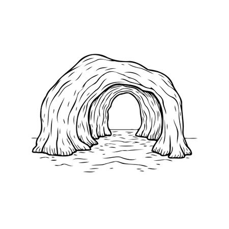 A monochrome illustration showcasing a cave entrance or natural archway. The artwork evokes a sense of adventure and exploration, highlighting the intriguing geological formation and the pathwayのイラスト素材