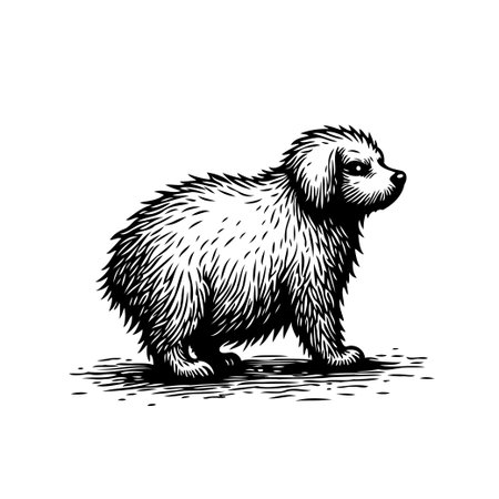 A detailed hand-drawn illustration of a charming fluffy dog. This vintage-style sketch captures the essence of canine companionship with its intricate lines and shading. Perfect for adding a touchのイラスト素材