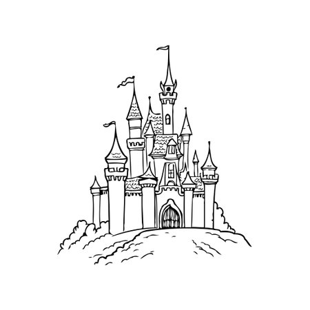 A beautifully detailed line art illustration of a castle evokes a sense of fairytale grandeur and architectural wonder. The intricate outlines and whimsical details transport viewers to a realm ofのイラスト素材