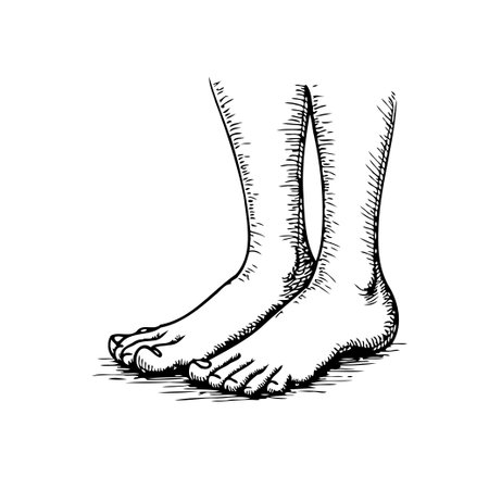 An ink drawing of two bare feet shows the elegant structure of human anatomy and how it is used for artistic study. Depicting details such as toes, ankles, and curves, the artist aims to capture theのイラスト素材