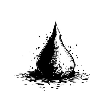 A stylized illustration depicts a single ink droplet rendered in black and white with nuanced textures. This image captures the essence of fluid dynamics and ink dispersion creating a unique visualのイラスト素材