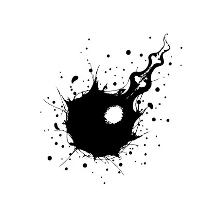 A striking graphic featuring a black sphere at its center, seemingly ablaze with energetic smoke trails. The design incorporates splattered particles, adding depth and visual intrigue. Suitable forのイラスト素材