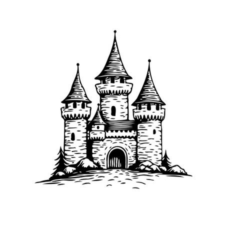 Detailed illustration of a stylized medieval fortress in black and white. The design features prominent towers with pointed peaks, a sturdy arched gate, and rocky surroundings, creating aのイラスト素材