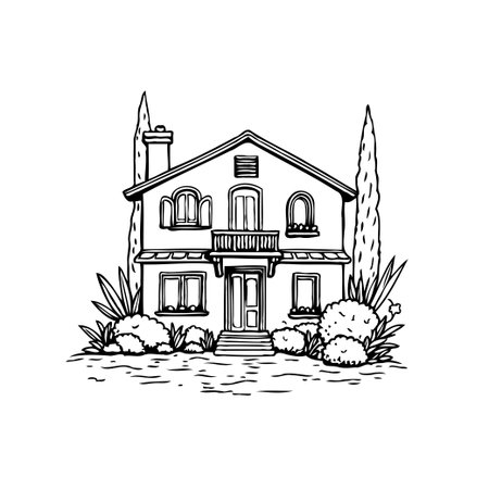 Detailed sketch of a classically styled home featuring elegant architectural elements and flourishing landscaping. This drawing captures the serene charm of residential living and its harmony withのイラスト素材
