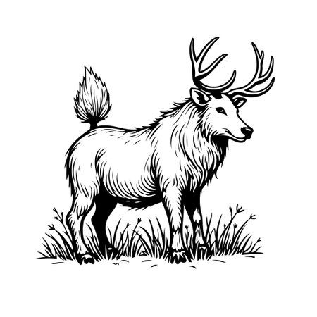 A captivating black and white illustration of a deer standing in tall grass. The elegant design showcases the animal's natural beauty and the simplicity of the surrounding woodland environmentのイラスト素材