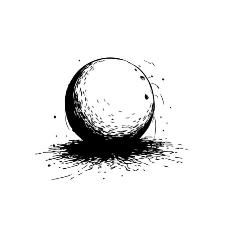 An abstract monochrome representation of a sphere, rendered in stark black ink, sits nestled among a scatter of splattered darkness. The high contrast and minimalist style create a visuallyのイラスト素材